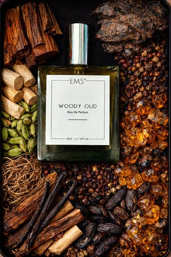 Customer's Woody Oud perfume bottle surrounded by its aromatic ingredients like wood, spices, vanilla, and amber.