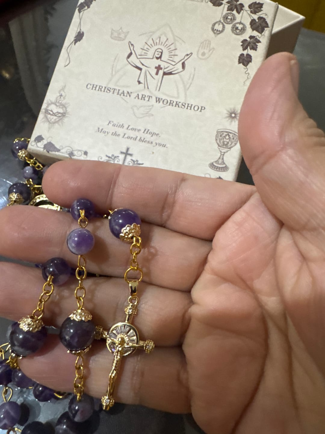 Customer photo review of Christianartworkshop Our Lady of Guadalupe & Crucifix of 8mm Round Purple Crystal Rosary