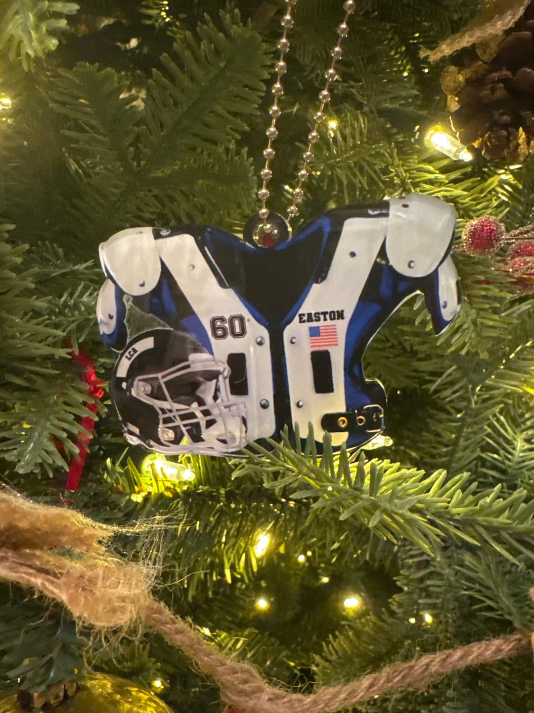 Customer photo review of American Football Shoulder Pads and Helmet Personalized Ornament