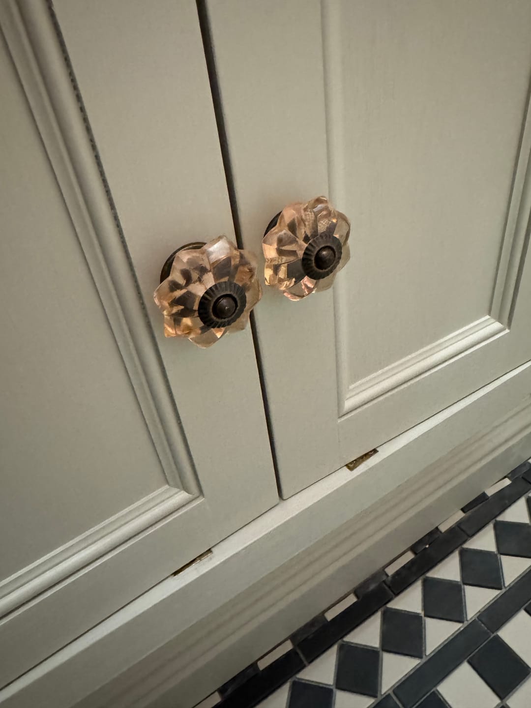 Customer photo review of Glass Knob Antique Pink with Antique Brass Fittings