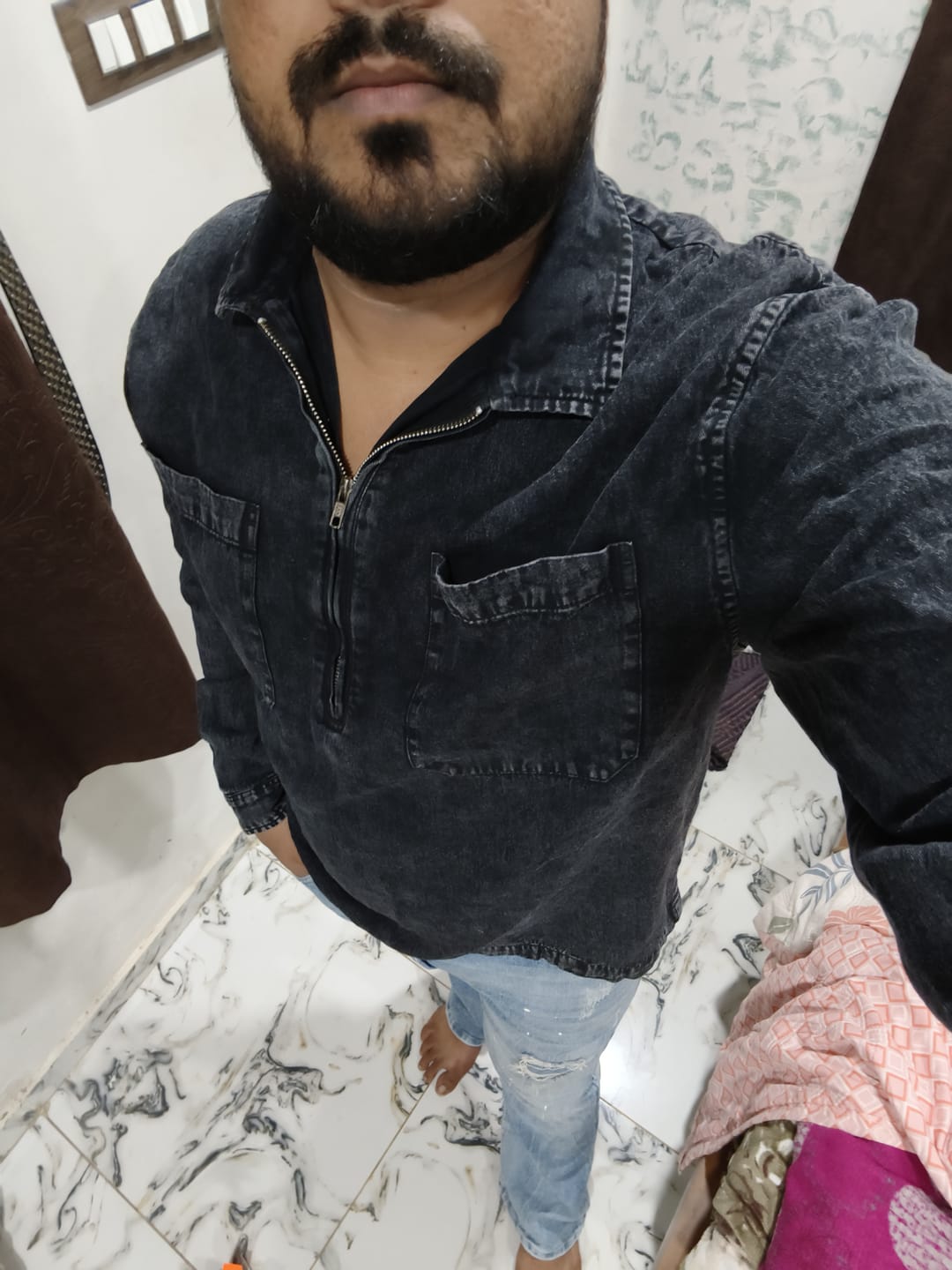 Customer photo review of Black Washed Denim Polo Shirt