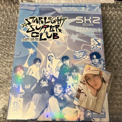 Customer's Stray Kids 2026 Season's Greetings box set in its original blue packaging, with a pre-order photocard.