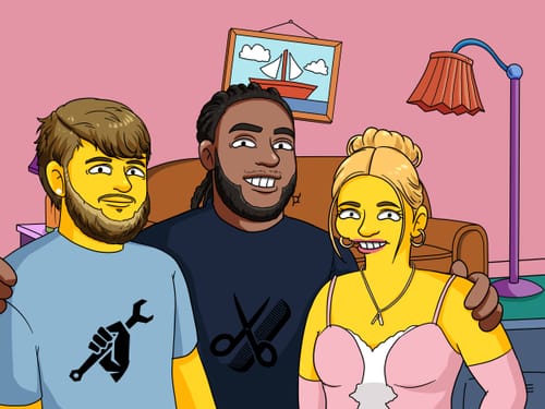 Customer's 'Turn Me Yellow' digital portrait showing three people as yellow cartoon characters in a room.