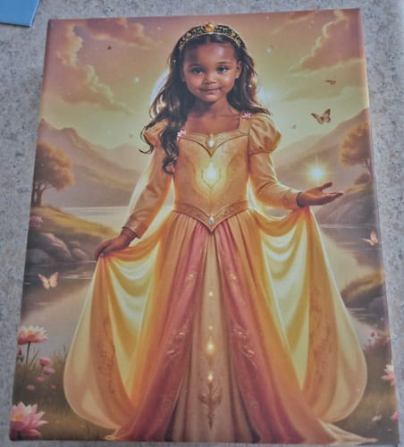Customer's 'The Princess of Light' canvas print showing a young girl as a goddess in a beautiful golden dress.