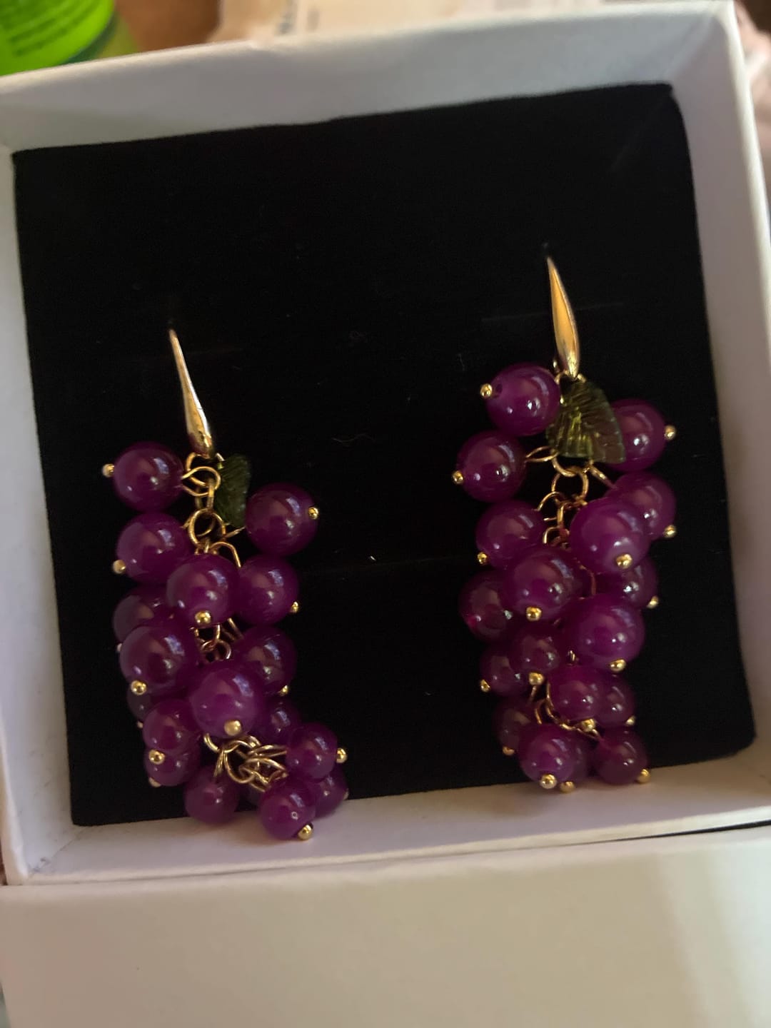 Customer photo review of Purple Dangle Grape Earrings, Food Fruit Earrings, Unique Summer Resin Jewelry, Dangle Purple Earrings, Anniversary Gift, Statement Earrings