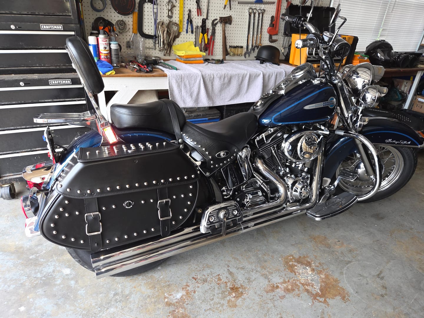 Customer photo review of 35L - Legacy Extra Large Studded Leather Motorcycle Saddlebags for Harley Softail Heritage FLSTC/I