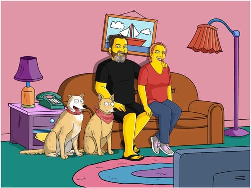 Customer's 'Turn Me Yellow' digital portrait showing a happy couple and their two dogs sitting on a couch.