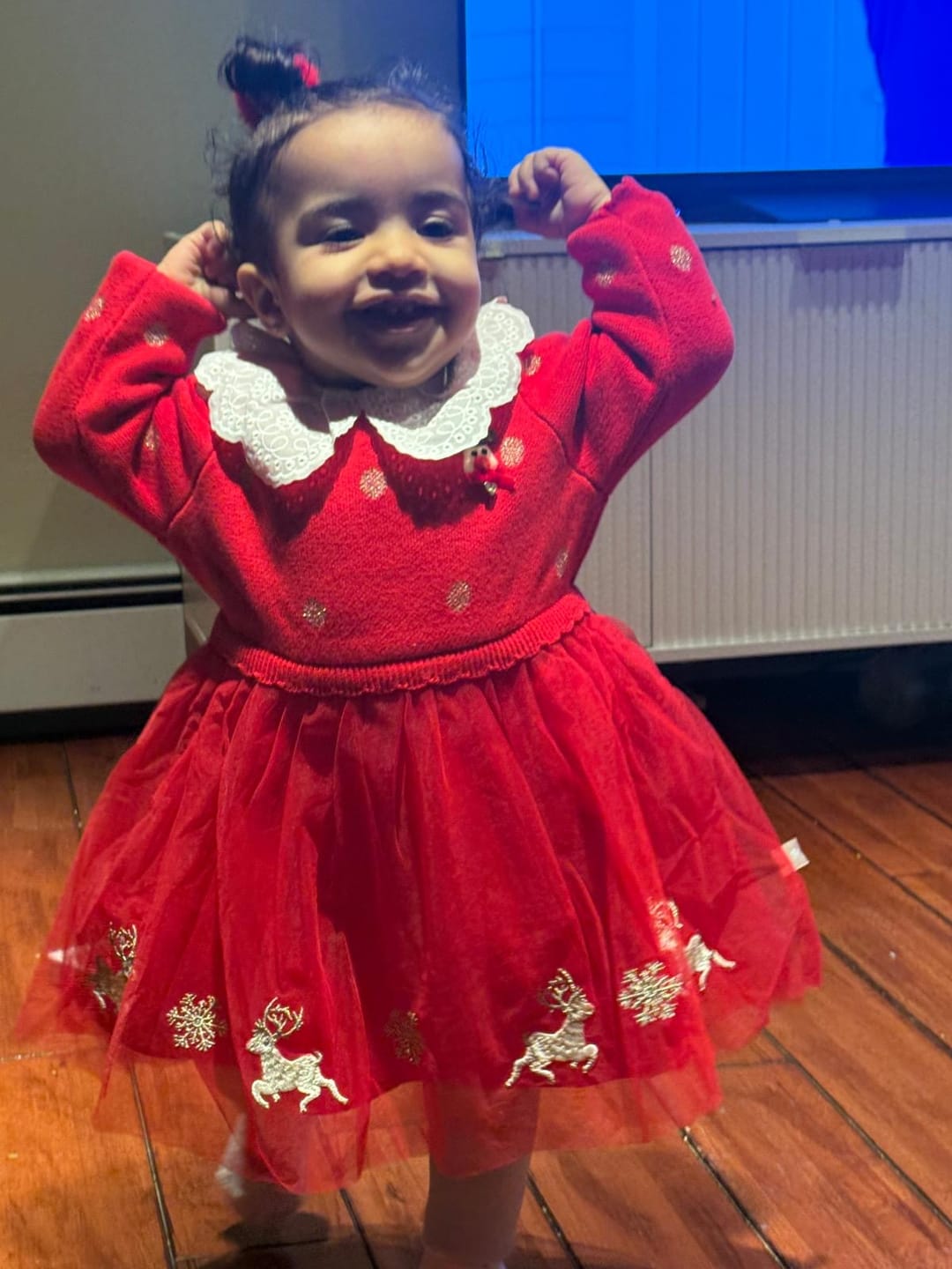 Customer photo review of Dave&Bella Toddler Girls Festival Red Christmas Reindeer Print Mesh Princess Dress