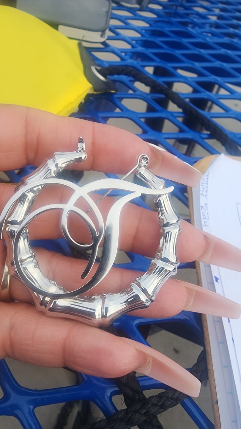 Customer photo review of Bamboo Initial Hoop Earrings