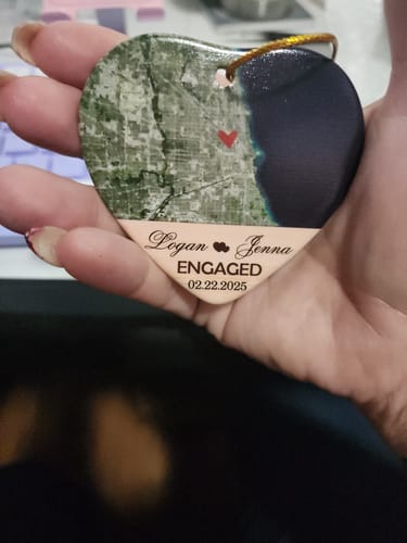Customer photo review of Engagement Ornament - Custom Map & Photo Gift Heart-shaped Ceramic Ornament