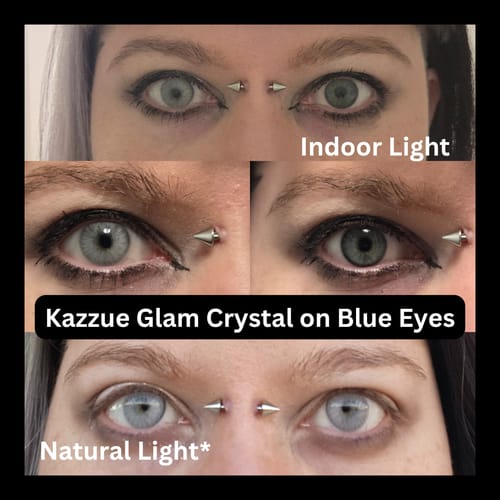 Reviewer's collage showing Kazzue Glam Crystal contacts on blue eyes in indoor and natural light.