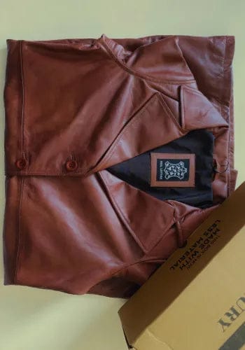 Customer photo review of Long Cognac Leather Car Coat for Women