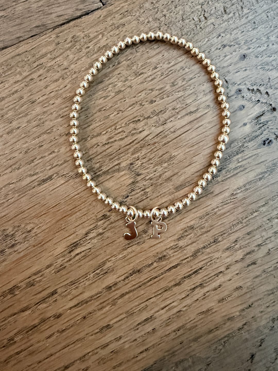 Customer photo review of 14k Gold Filled Beaded Block Initial Bracelet