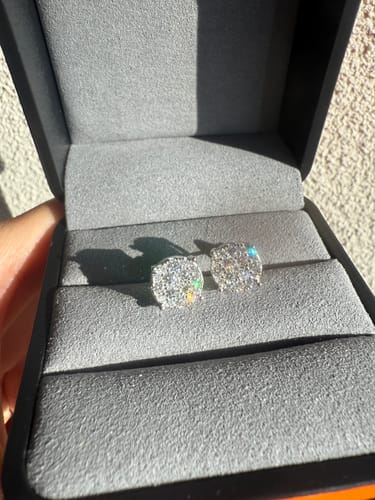 Customer photo review of Moissanite Diamond Iced Round Stud Earrings in White Gold - 10mm/Screw Back