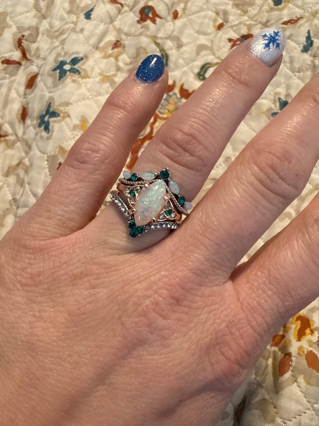 Customer photo review of FREE Today: Vintage Milgrain Marquise Opal and Emerald Three-Piece Ring Set
