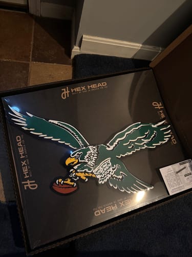 Customer's new Philadelphia Eagles 3D metal wall art sitting inside its original Hex Head packaging box.