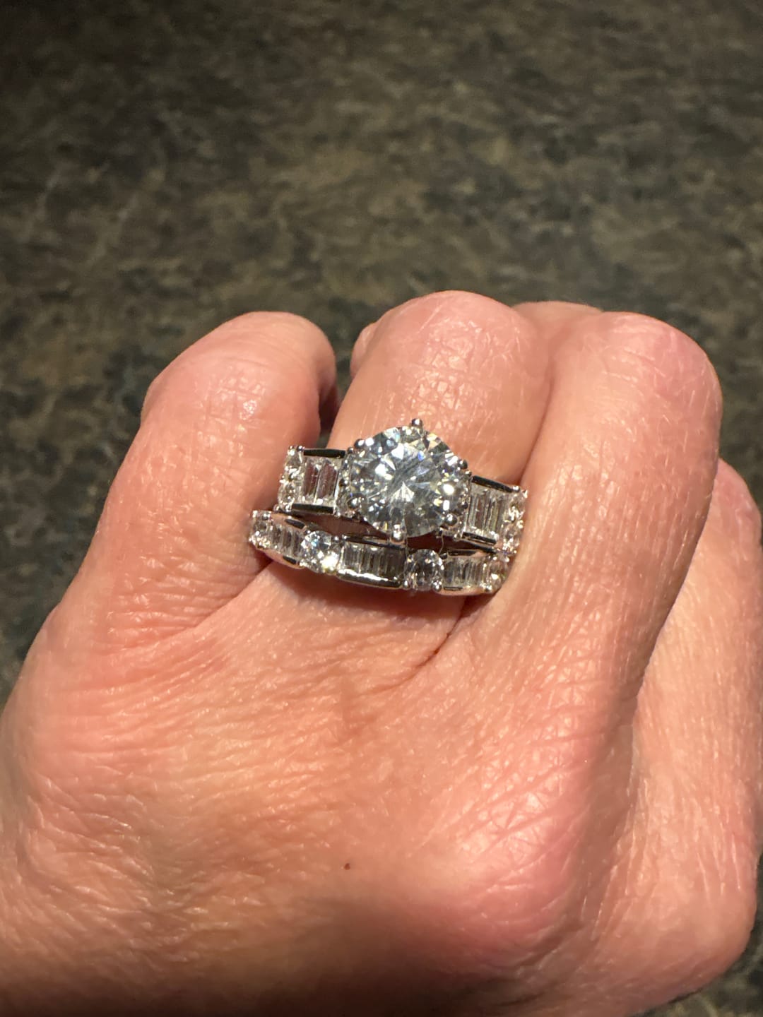 Customer photo review of Round Moissanite Emerald-Cut Side Stone Engagement Ring