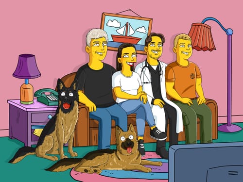 Customer's horizontal canvas print showing a custom family portrait with two dogs in a bright cartoon style.