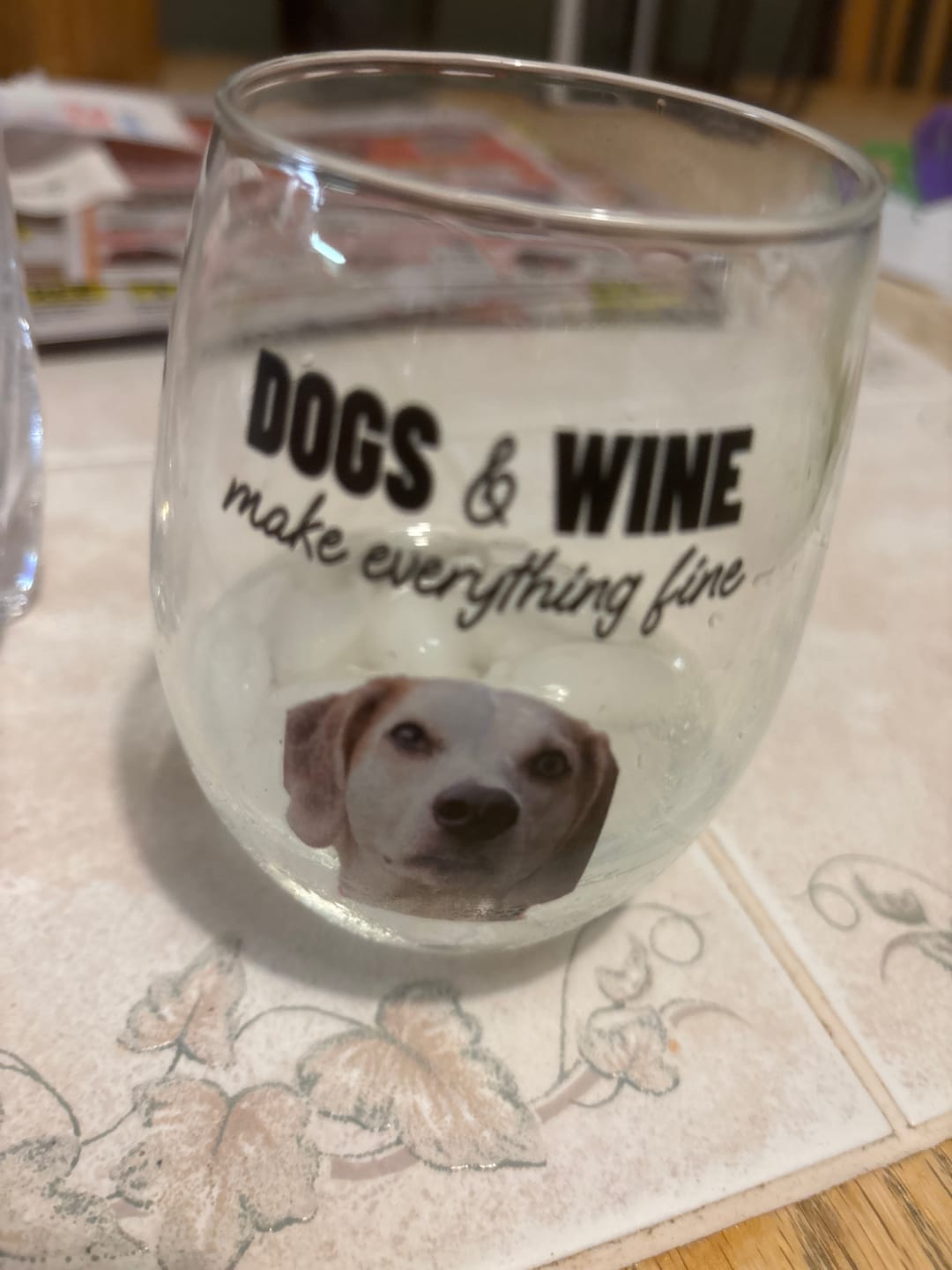 Customer photo review of Pets & wine make me fine -  Personalized Wine Glass