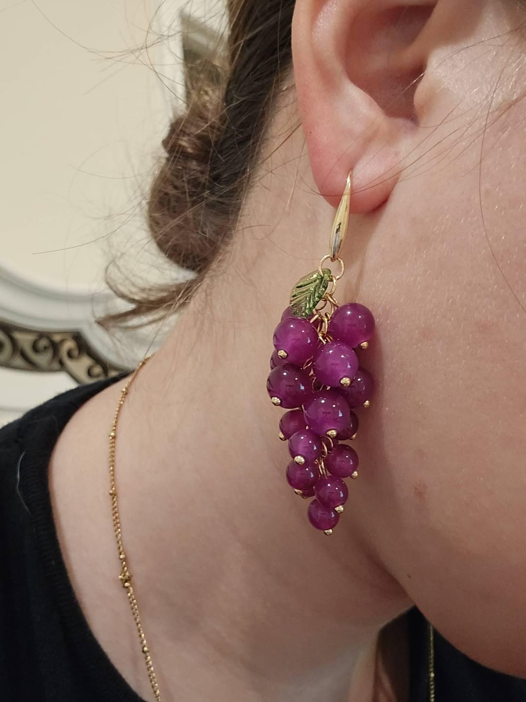 Customer photo review of Purple Dangle Grape Earrings, Food Fruit Earrings, Unique Summer Resin Jewelry, Dangle Purple Earrings, Anniversary Gift, Statement Earrings