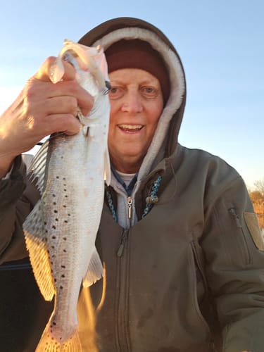Customer in a hooded jacket holding a speckled trout caught with the bone diamond KWIGGLERS Willow Tail Shad.
