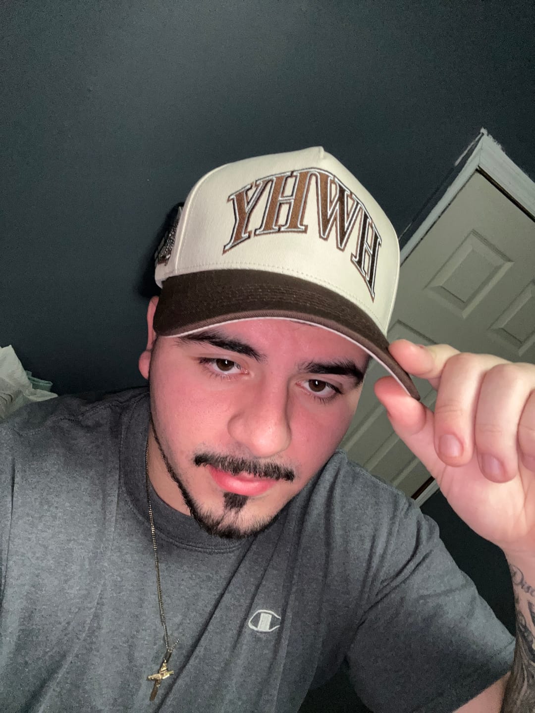 Customer photo review of ‘YHWH’ Structured SnapBack - Cream/Brown
