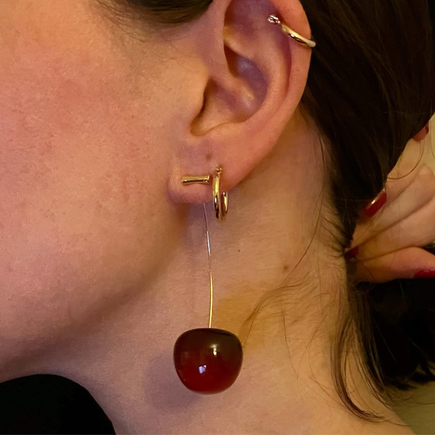 Customer photo review of Resin Red Cherry Earrings, Resin Jewelry, Cherry Earring, food earrings, dangle drop gold earrings, anniversary gift, christmas gift for her
