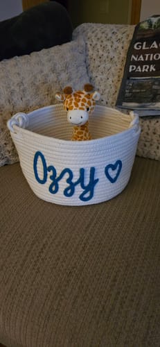 Reviewer's white woven basket, personalized with 'Ozzy' and a heart in blue, holding a giraffe toy.