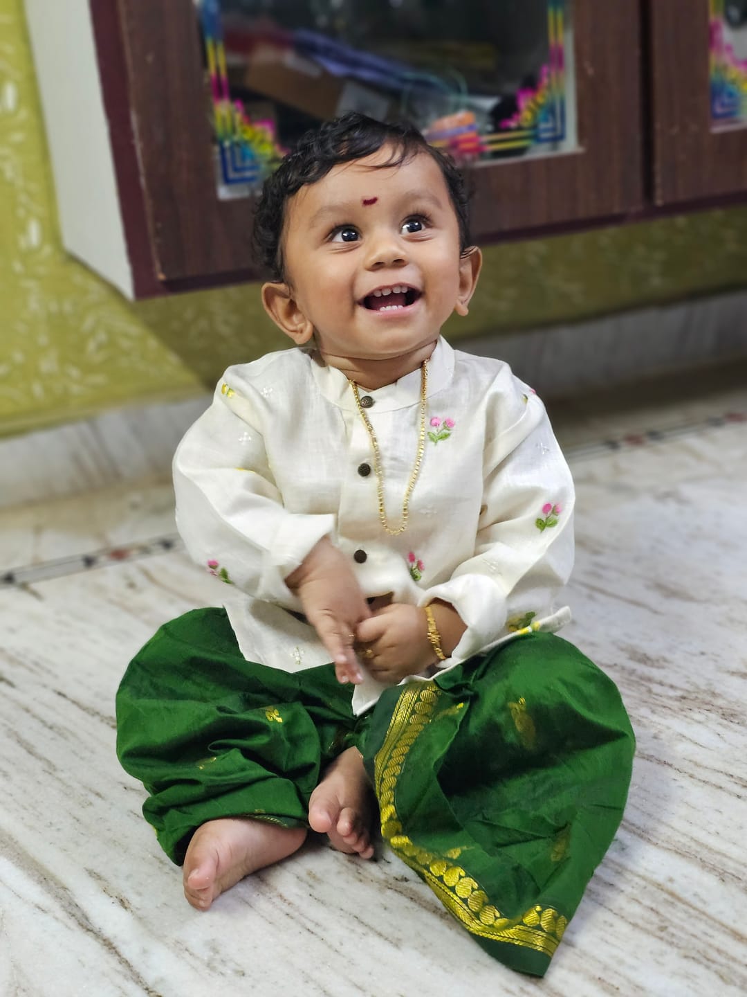 Customer photo review of Pure Linen White and Bottle green Kurta Dhoti for baby boy