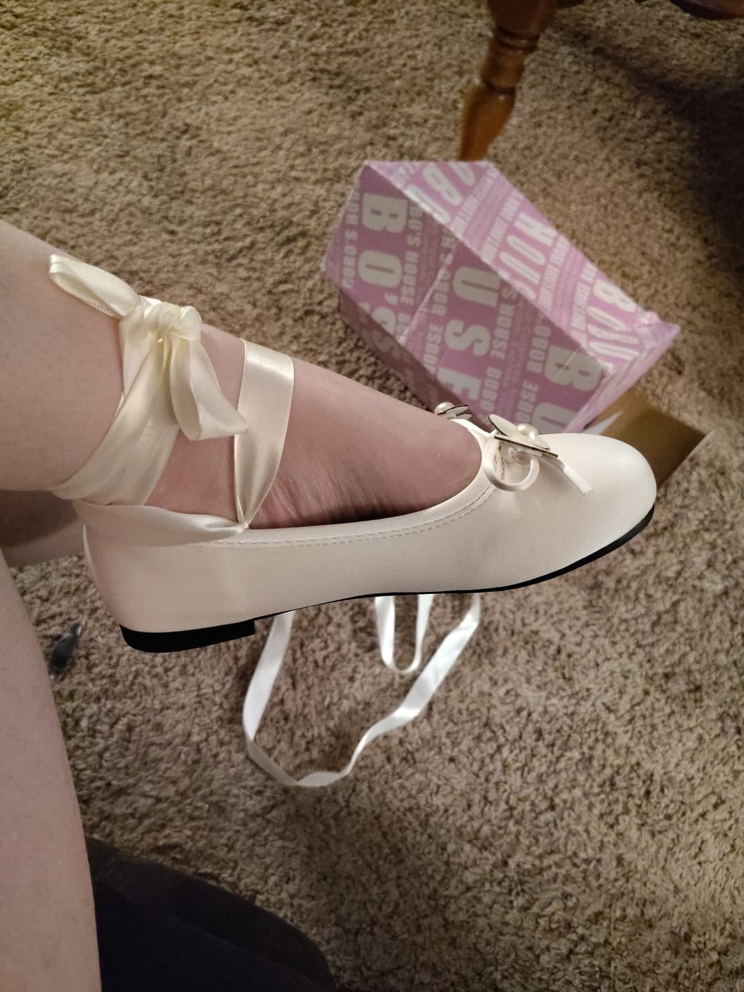 Customer photo review of Ultra Pretty White Butterfly Satin Ribbon Ballet Flats - Women's