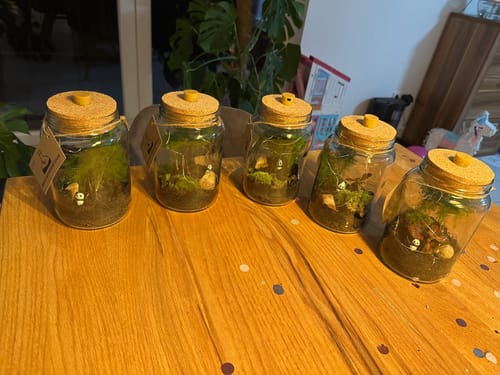 Ein Kunde zeigt fünf fertige Flaschengärten mit Panda-Figuren und LED-Korken, die auf einem Holztisch aufgereiht sind.