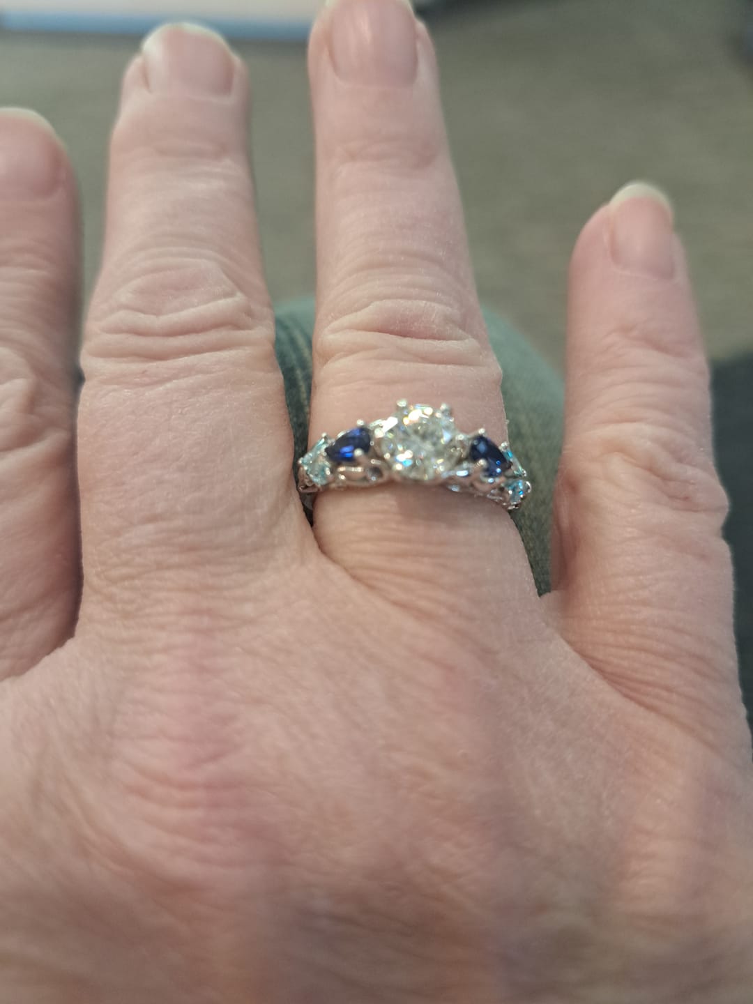 Customer photo review of Moissanite And Cluster Sapphire Filigree Vine Engagement Ring