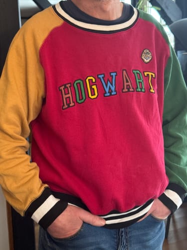 Reviewer wearing a color-block 'Hogwart' sweatshirt with red, yellow, and green sections from the mix.