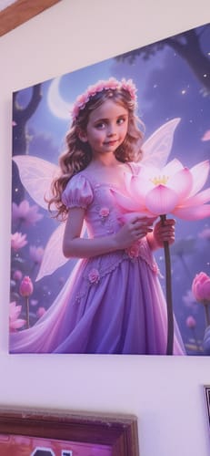 Customer's 'The Fairy Bloom' portrait on a wall, depicting a young girl as a fairy in a pretty purple dress holding a flower.
