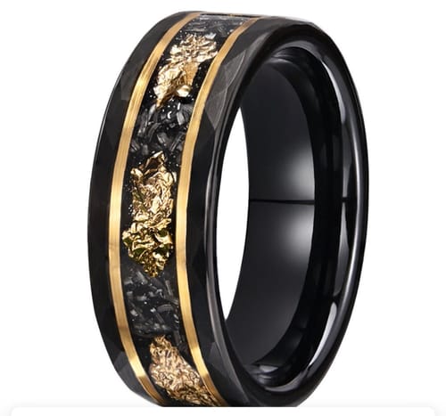 Customer's Titanfall ring with a hammered black band, meteorite inlay, and striking 24K gold flakes.