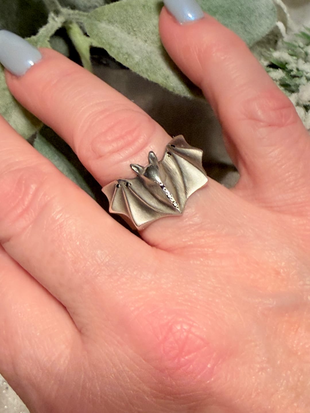 Christine S. wearing the Silver Bat Ring with Black Diamonds