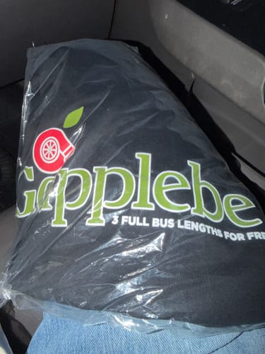 Customer's black MYSTERY TEE with a 'gapplebee's' graphic, shown still in its clear packaging on their lap.