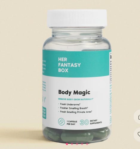 Customer's clear bottle of Body Magic Chlorophyll Pills, showing the dark green capsules inside.