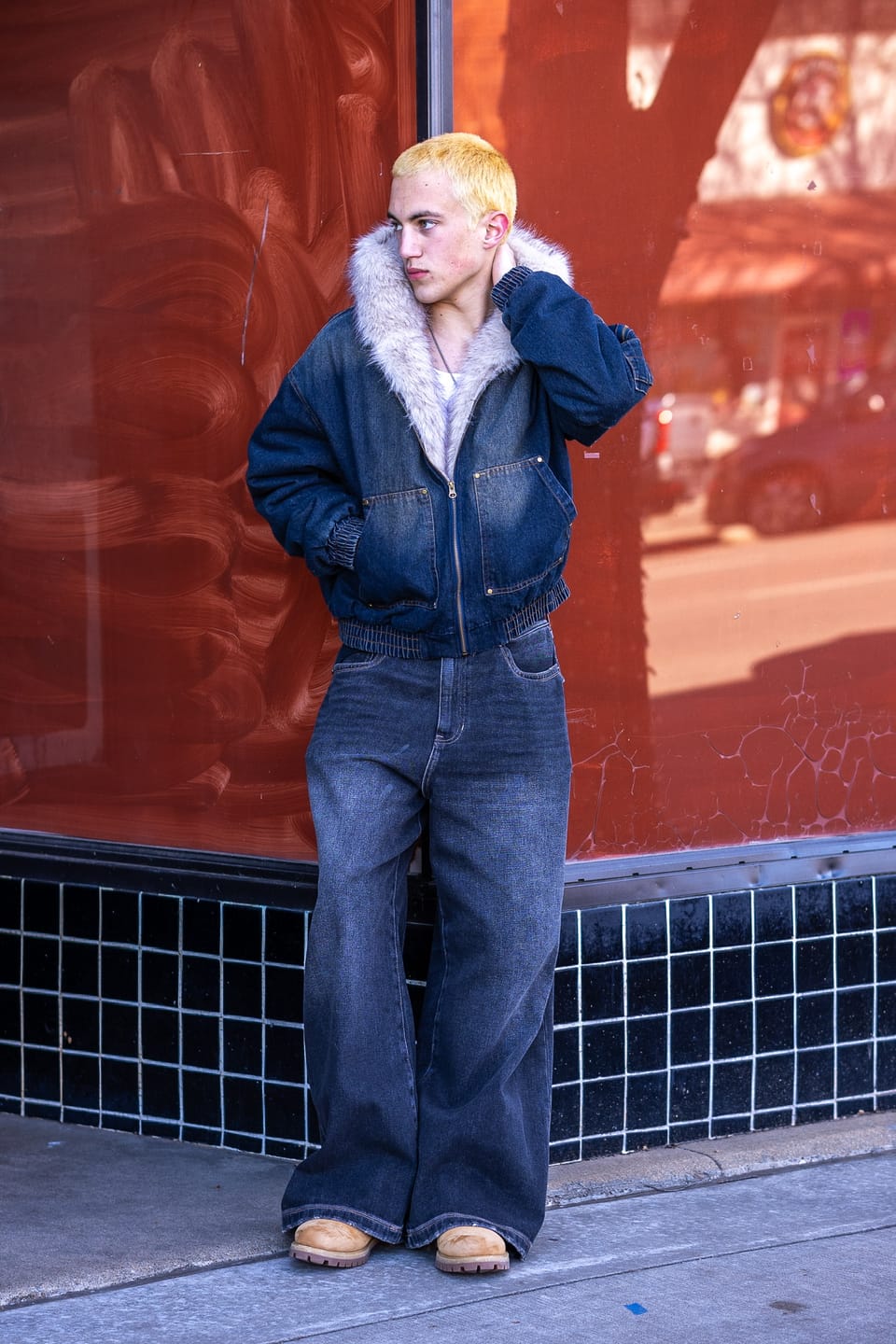 Customer photo review of Faux Fur Lined Acid Wash Bomber Jacket | Inflation Streetwear