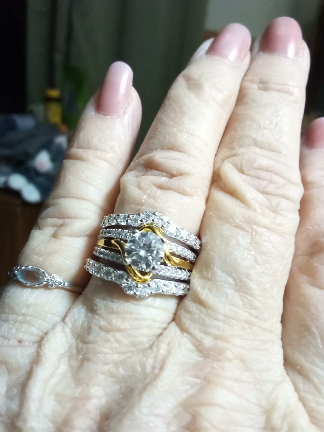 Customer photo review of Round Moissanite Two Tone Vine Split Shank Pave Engagement Ring