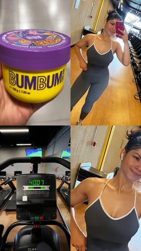 Colagem de fotos da cliente com o produto Bumbum Cream e em uma academia, como parte de sua avaliação.