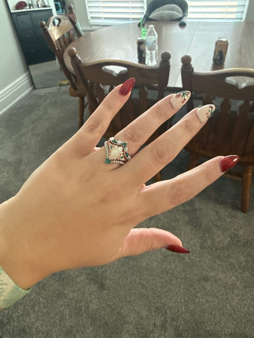 Customer photo review of FREE Today: Vintage Milgrain Marquise Opal and Emerald Three-Piece Ring Set