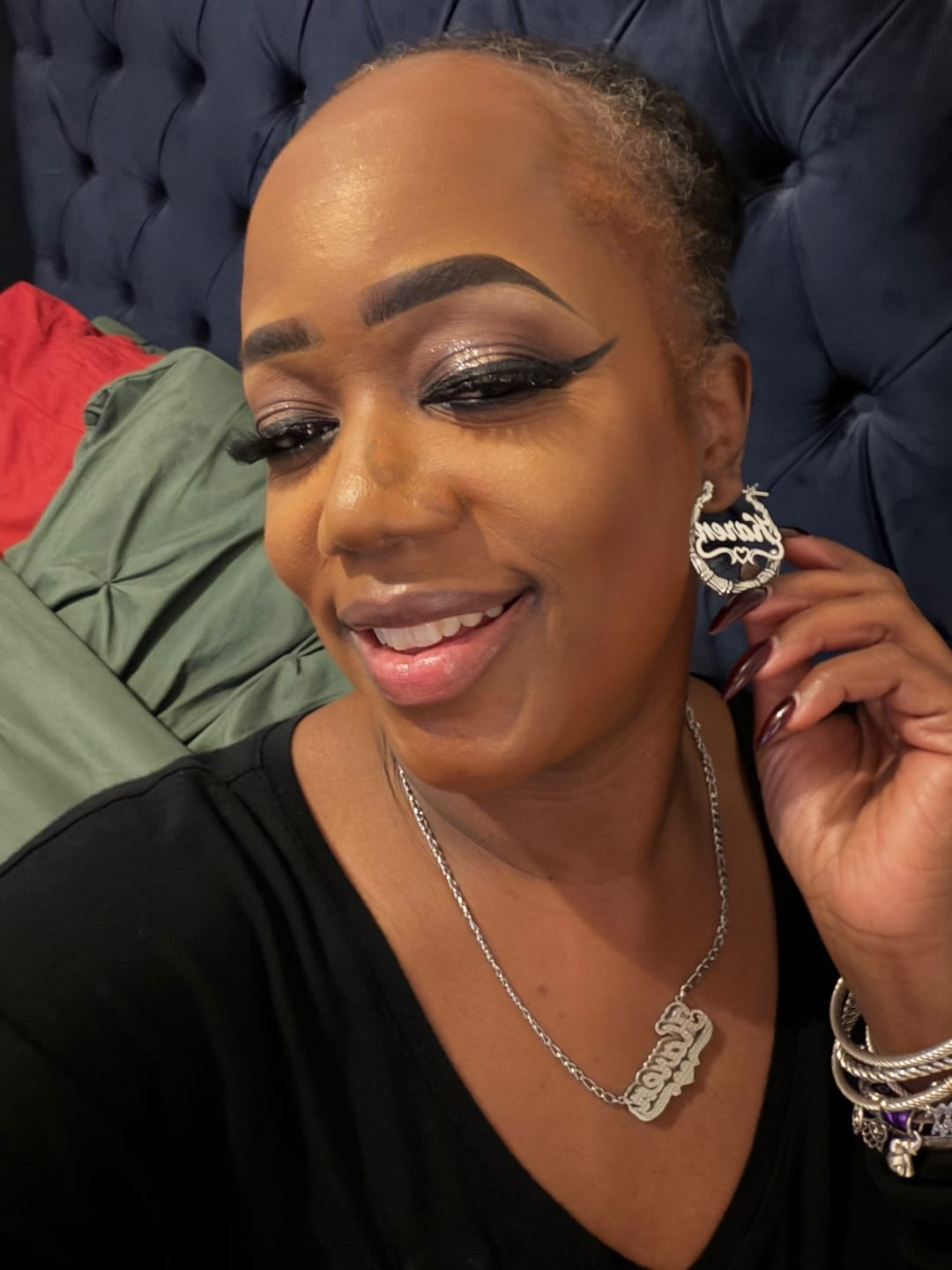 Customer photo review of Double Plated Heart Twirl Name Necklace w/ Figaro Chain