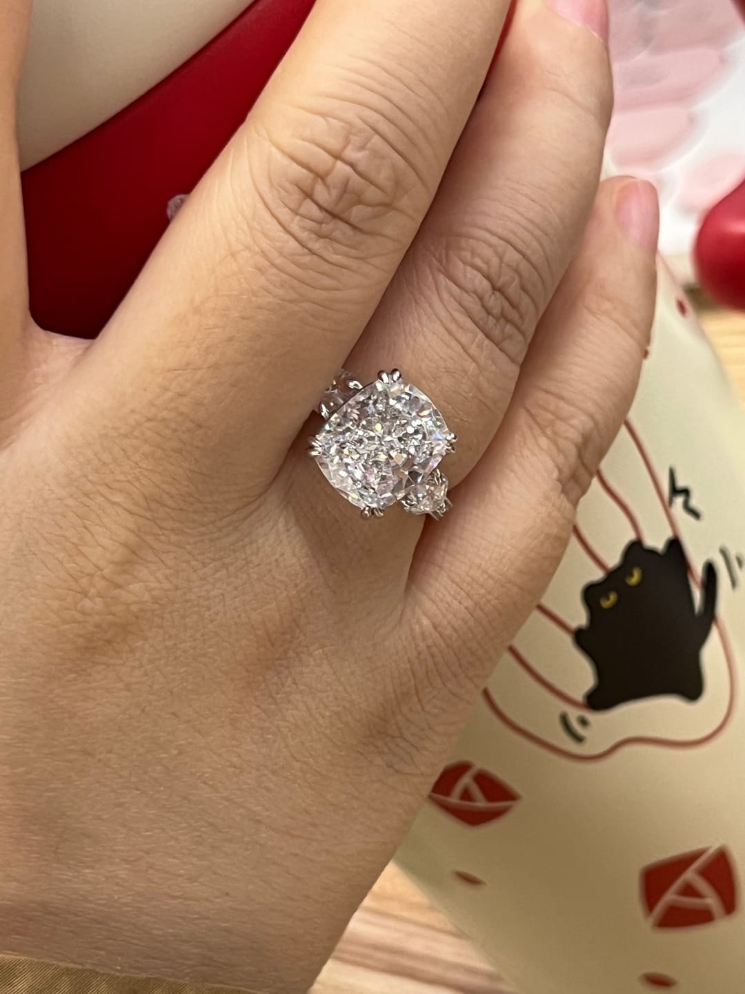 Customer photo review of S925 6.0Ct Cushion Cut Three Stone Engagement Ring Simulated or Moissanite Diamond Bridal Rings For Women