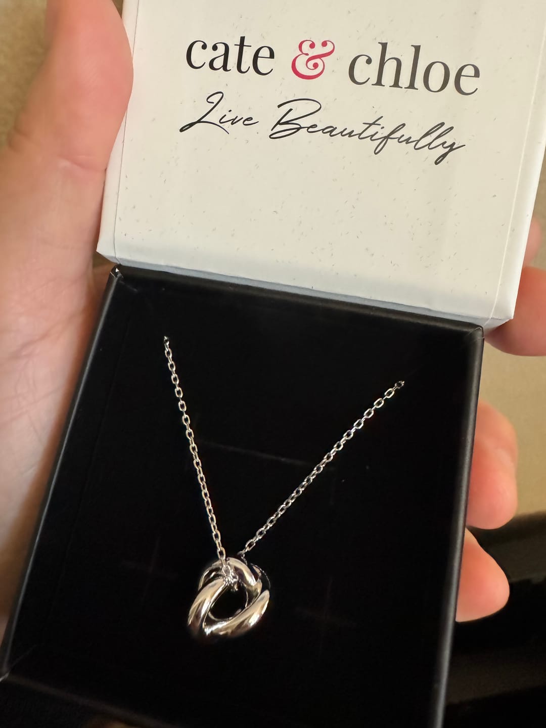 Customer photo review of Ashley 18k White Gold Plated Knot Pendant Necklace
