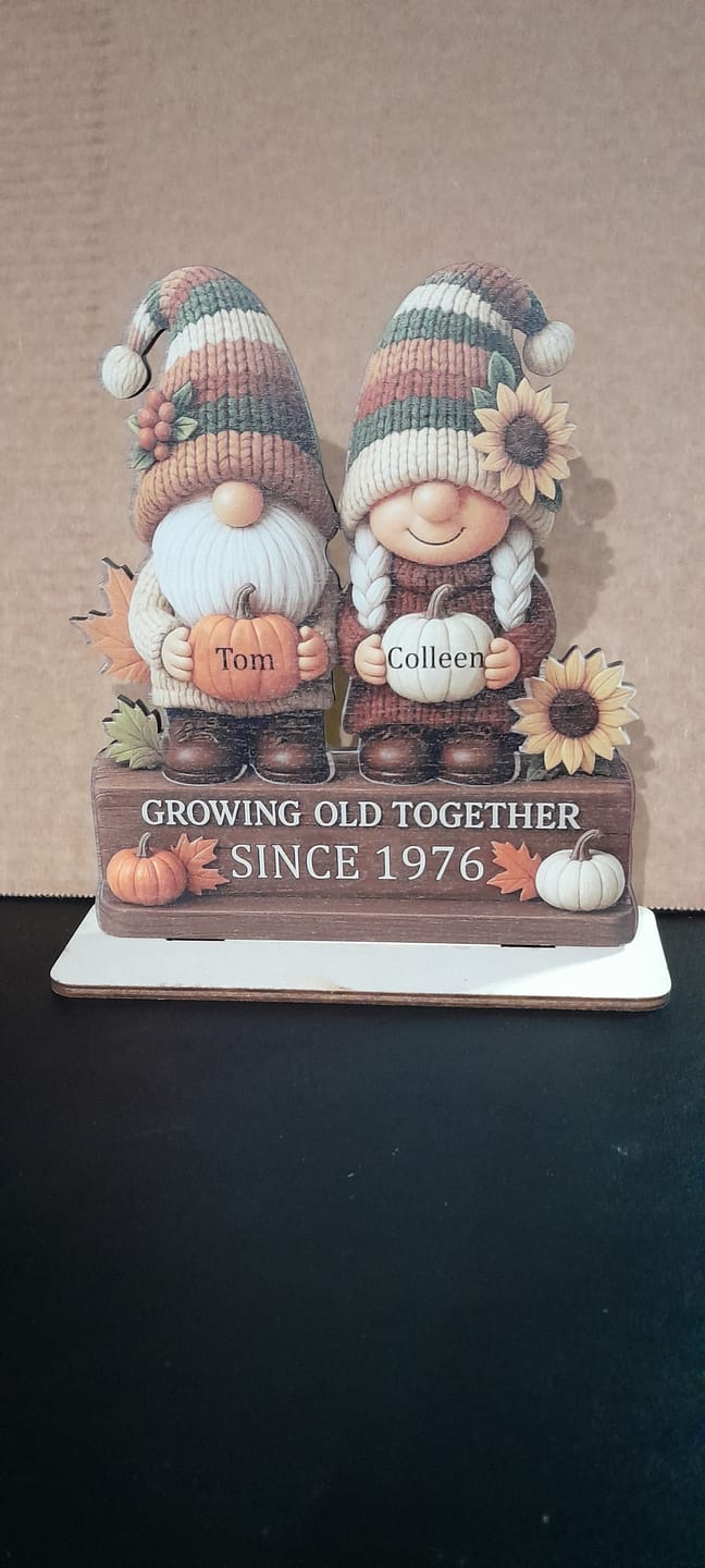 Customer photo review of Personalized "Growing Old Together" Gnome Plaque With Couple Names & Sunflowers Pumpkins Autumn's Warm Charm For Couple Gift For Grandparent