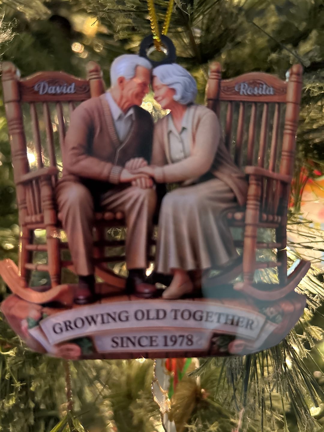 Customer photo review of Old Couple Sitting On Rocking Chairs Together Personalized Christmas Acrylic Ornament