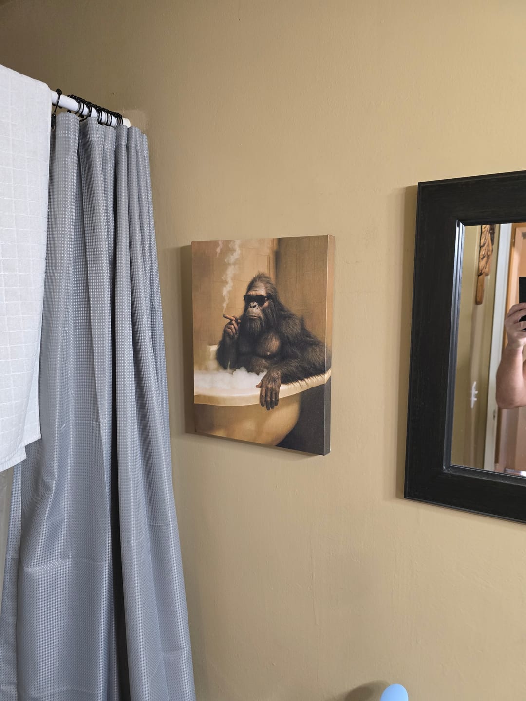 Customer photo review of Funny Bigfoot Smoking Canvas Wall Art – Cool Bathtub Scene Gift for Hunters & Outdoorsmen