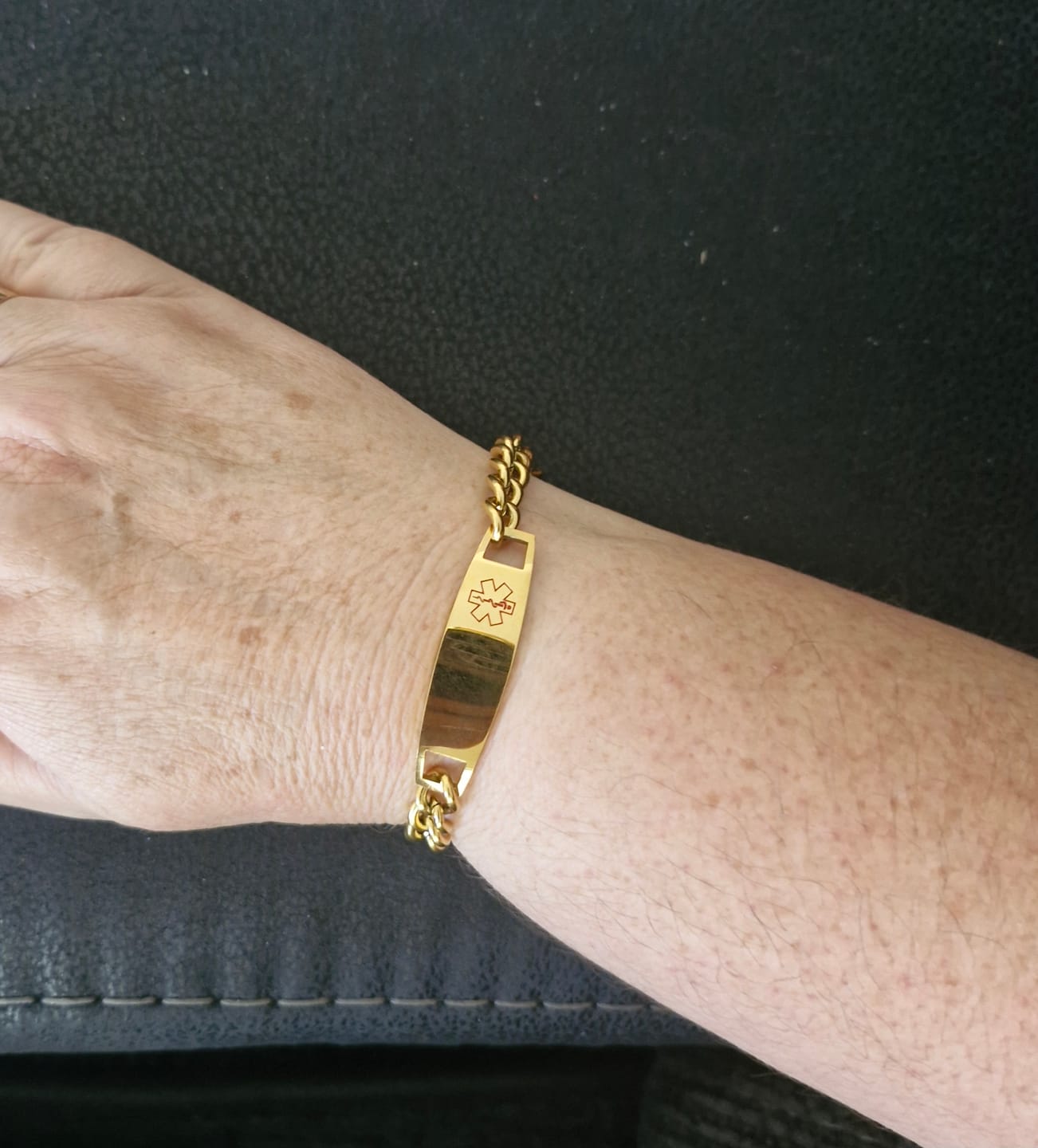 Customer photo review of Personalised Gold Colour Medical Alert Chain Bracelet