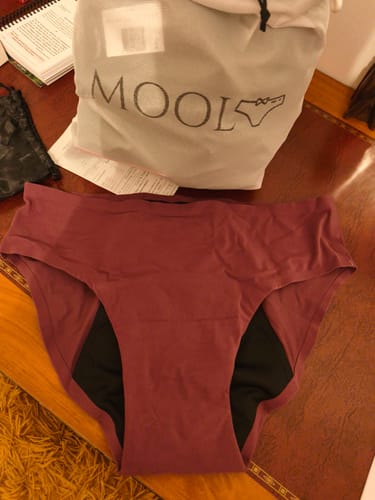La culotte menstruelle Niagara couleur lie-de-vin d'une cliente, posée à plat devant son emballage en tissu.
